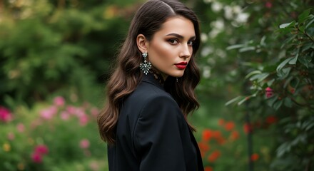 Elegant woman in a black blazer outdoors.