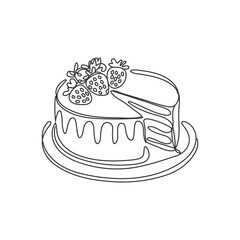 Continuous one line drawing of sliced cake food and beverage concept. Cheesecake with strawberry and cherries in single line draw illustration.