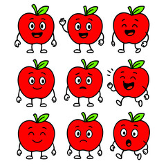 Icon sheet, cartoon vector, apple fruit character, with different expressions