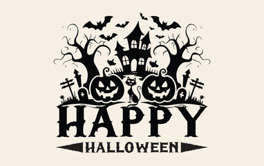 Silhouette of a haunted house, bats, twisted trees, jack o, lanterns, and a cat. Happy Halloween text below, conveying a spooky festive theme.