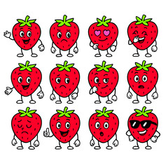 Icon sheet, cartoon vector, strawberry fruit character, with different expressions
