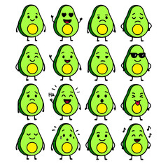Obraz premium Icon sheet, cartoon vector, avocado fruit character, with different expressions