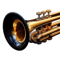 Close-up of shiny golden trumpet with detailed valves and reflective surface isolated on white background