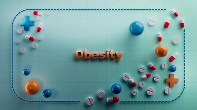 Animated text "Obesity" in a 3D medical style. Ideal for biology education, metabolic health, nutritional science, wellness content, and medical animation projects.