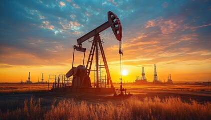 Oil pumpjack machinery operating in a vast field under a vibrant sunset sky with oil rigs in the background