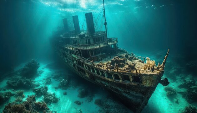 Sunlight piercing through ocean water illuminates a large, rusted shipwreck resting on the seabed surrounded by coral and marine life