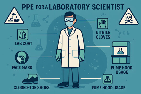 Simple infographic composition of laboratory safety essentials and personal protective equipment - Powered by Adobe