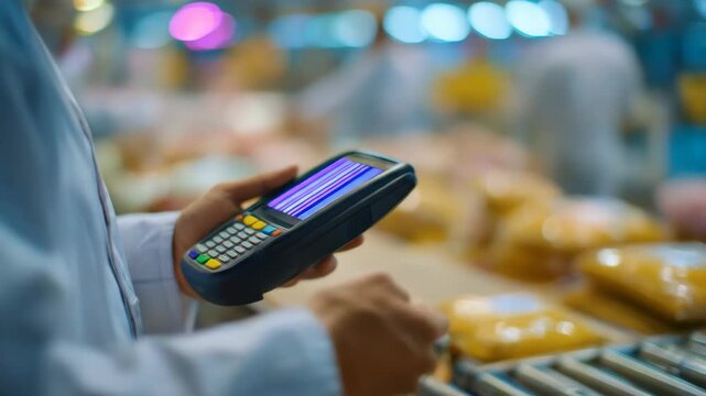 Close-Up of Worker Using a Handheld Scanner for Inventory Management in a Busy Warehouse