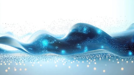 Abstract flowing digital wave composed of bright blue lights and lines on a light background, evoking a sense of technology and connectivity