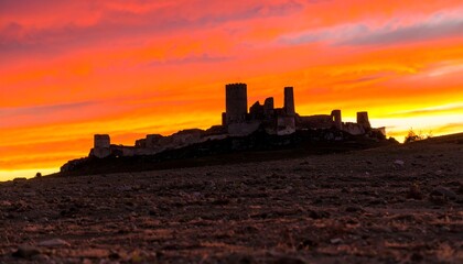 Obraz premium Silhouette of a ruined castle at sunset