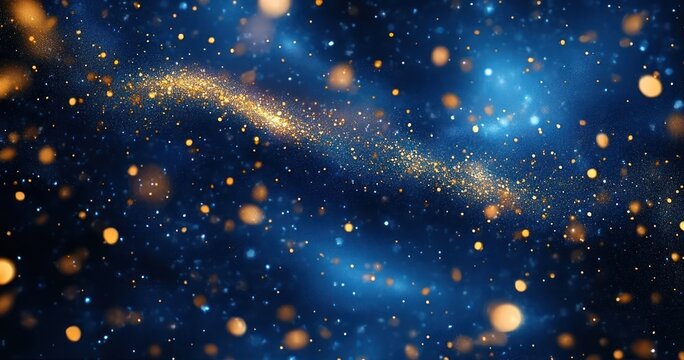 Abstract cosmic scene with swirling golden particles and glowing blue light spots creating a sense of depth and mystery in space