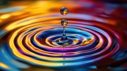 Close-up of a water droplet creating ripples on a colorful reflective surface with vibrant hues of blue, purple, yellow, and orange conveying tranquility and beauty