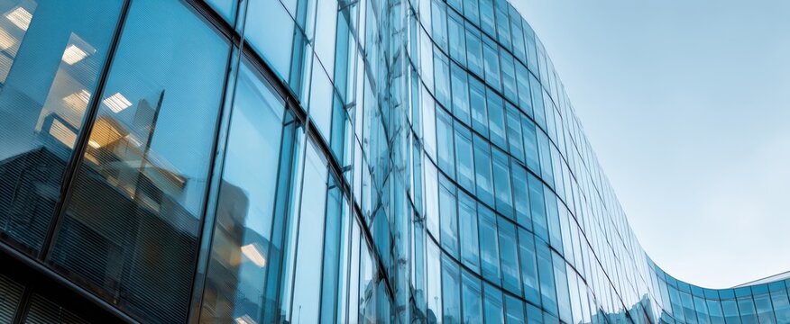 The modern glass building showcasing innovative architectural design and vibrant urban environment.