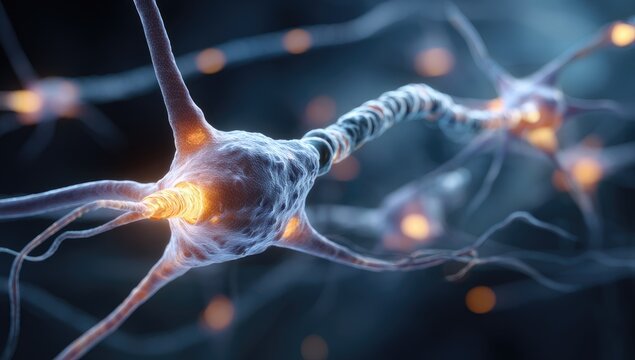 Nerve cells in intricate network, glowing details