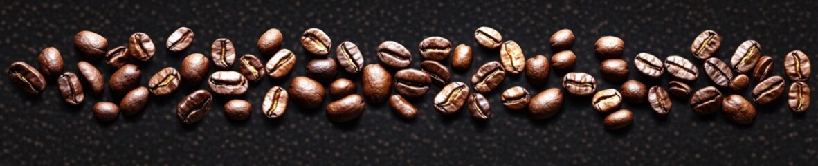 Fototapeta premium Close-up of dark roasted coffee beans scattered horizontally on a textured dark surface