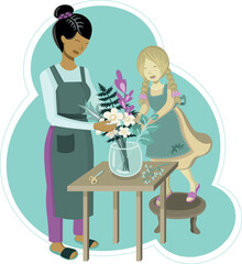 Obraz premium Vector flat illustration of tha hardworking family of florists, where the mother teach her daughter to assemble a composition of flowers