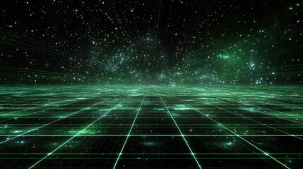 Futuristic starry grid landscape with glowing green neon lines, tech startup website background, sci-fi movie marketing, video game promotion

