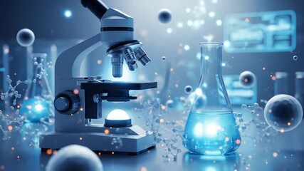 Advanced Biotechnology Research: A Cinematic View of a Microscope, Flask, and Floating DNA Molecules - Powered by Adobe