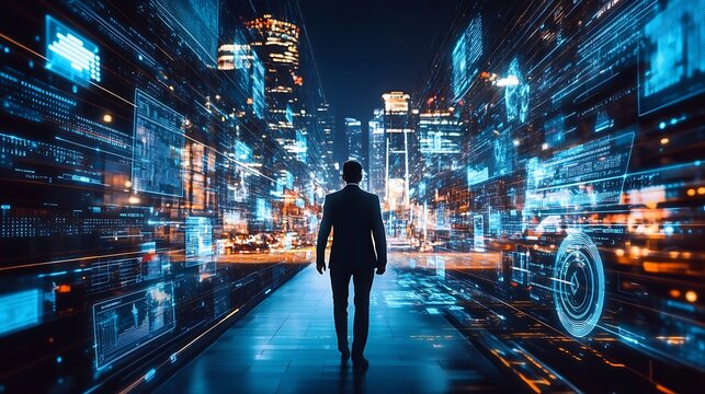 A man walking into a digital city with data screens around him