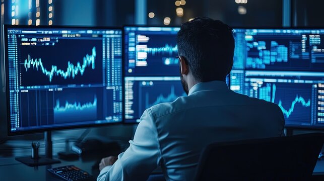Montage of diverse business people working on laptops in an office, illustrating success and digital financial markets