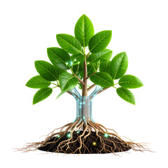 Vibrant green sapling with roots intertwined with glowing blue circuitry, symbolizing growth and technology.