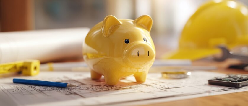 The yellow piggy bank on architectural plans with construction tools around it.