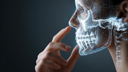 Futuristic Medical Technology: Hand Interacting with a Glowing Digital Human Skull Anatomy Scan - Powered by Adobe