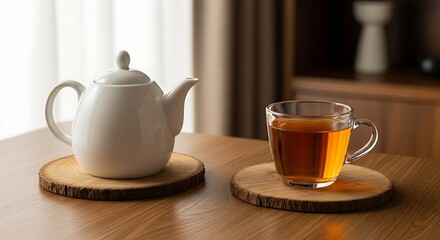 Obraz premium A minimalist still life featuring a white teapot and a glass cup of tea on wooden coasters, set on a wooden table in a room with a simple and elegant design