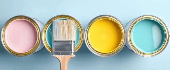 The vibrant assortment of paint cans and a brush on a light background