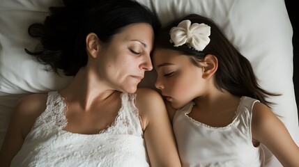 Tender Mother Daughter Sleep Together in Bed