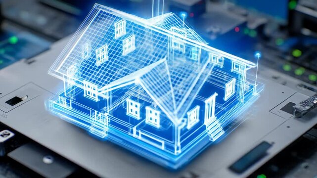 Glowing Blue Holographic House Blueprint Animating Over a Futuristic Computer Circuit Board