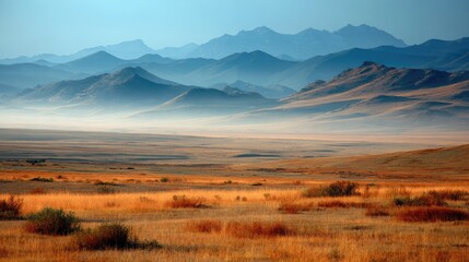 Fototapeta premium Vast, sun-drenched steppe, hazy mountains