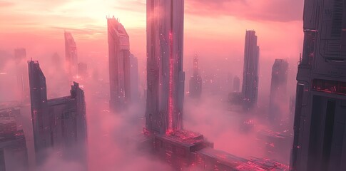 Futuristic Cityscape with High-Tech Architecture and Pink Haze