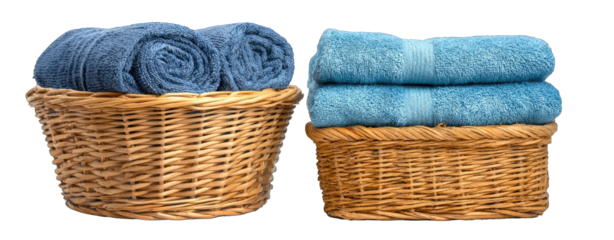 Two wicker baskets filled with rolled and stacked blue towels
