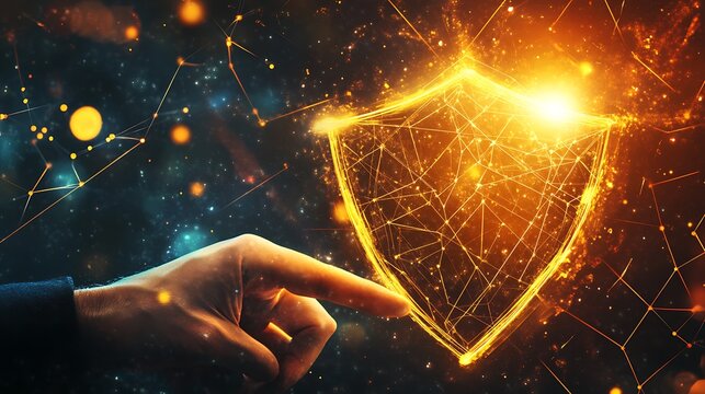 Hand touching glowing shield with connected dots in dark space