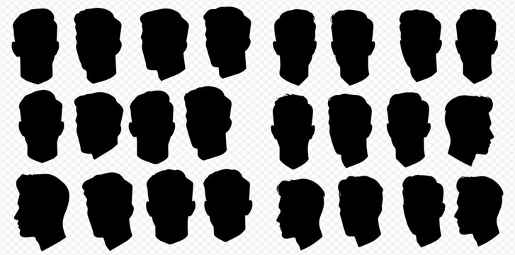 A collection of black human head silhouettes shown from various angles on a checkered background.
