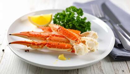 Gourmet seafood meal featuring steamed crab legs served on a white plate with a lemon wedge and fresh parsley garnish