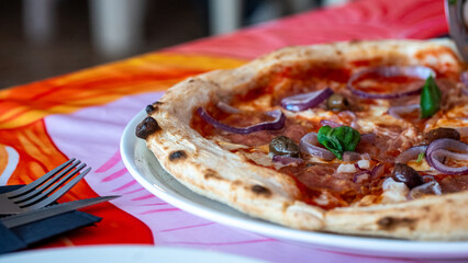 Delicious Italian pizza with olives and red onion