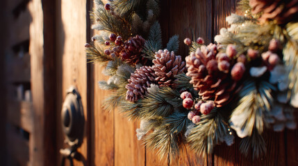 Fototapeta premium Classic Christmas wreath with pine cones frosted branches and berries on door