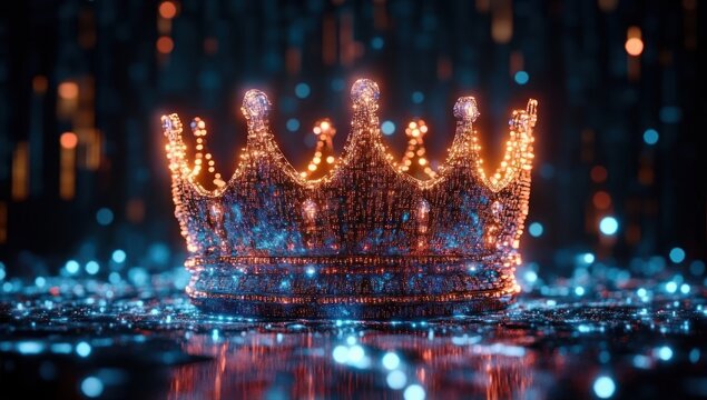 Glowing digital crown made of illuminated particles with warm orange and cool blue lights against a dark blurred background