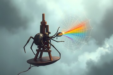 Surreal spider artist creating vibrant rainbow art on a web, whimsical and imaginative design