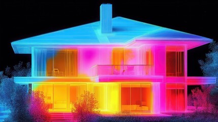 Two-story modern house with large windows and chimney, surrounded by trees, shown in colorful thermal imaging silhouette against black background