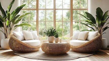 Cozy Living Room with Rattan Furniture and Indoor Plants