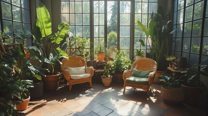 Bright Sunroom with Wicker Chairs and Potted Plants