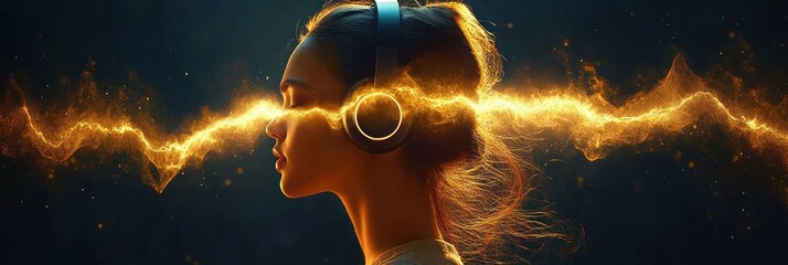 Young woman with closed eyes wearing headphones immersed in glowing golden sound waves against a dark background, conveying deep concentration and musical experience