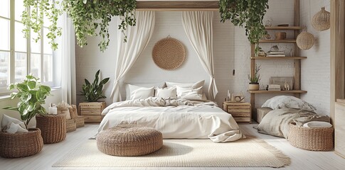 Bohemian Bedroom Interior with Green Plants and Wicker Decor