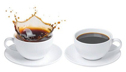 White 3d coffee cup. Americano splash and drops. Realistic render cute cups with plate or saucer. 