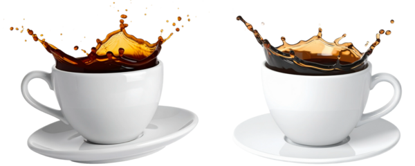 White 3d coffee cup. Americano splash and drops. Realistic render cute cups with plate or saucer. 