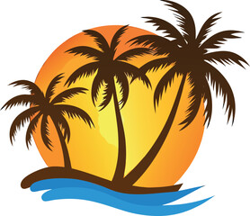 Vector illustration of a tropical beach with palm trees and summer sun over the sea