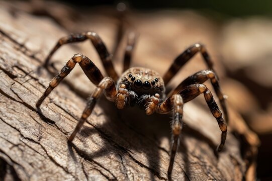 Detailed close-up of a brown spider on wood, perfect for nature and wildlife projects - Powered by Adobe